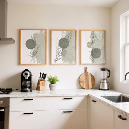 Green Botanical Print Set of 3, Abstract Leaf Poster Trio, Minimal Modern Green Wall Art B216