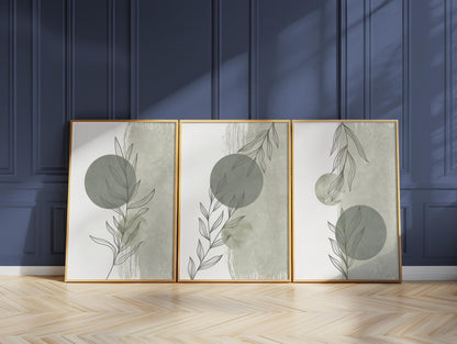 Green Botanical Print Set of 3, Abstract Leaf Poster Trio, Minimal Modern Green Wall Art B216