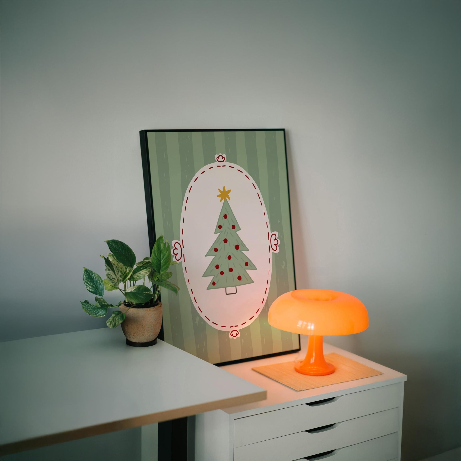 Christmas Tree Wall Art, Scandinavian Holiday Poster, Whimsical Green Christmas Decor for Kids Room, Unframed Print MR50