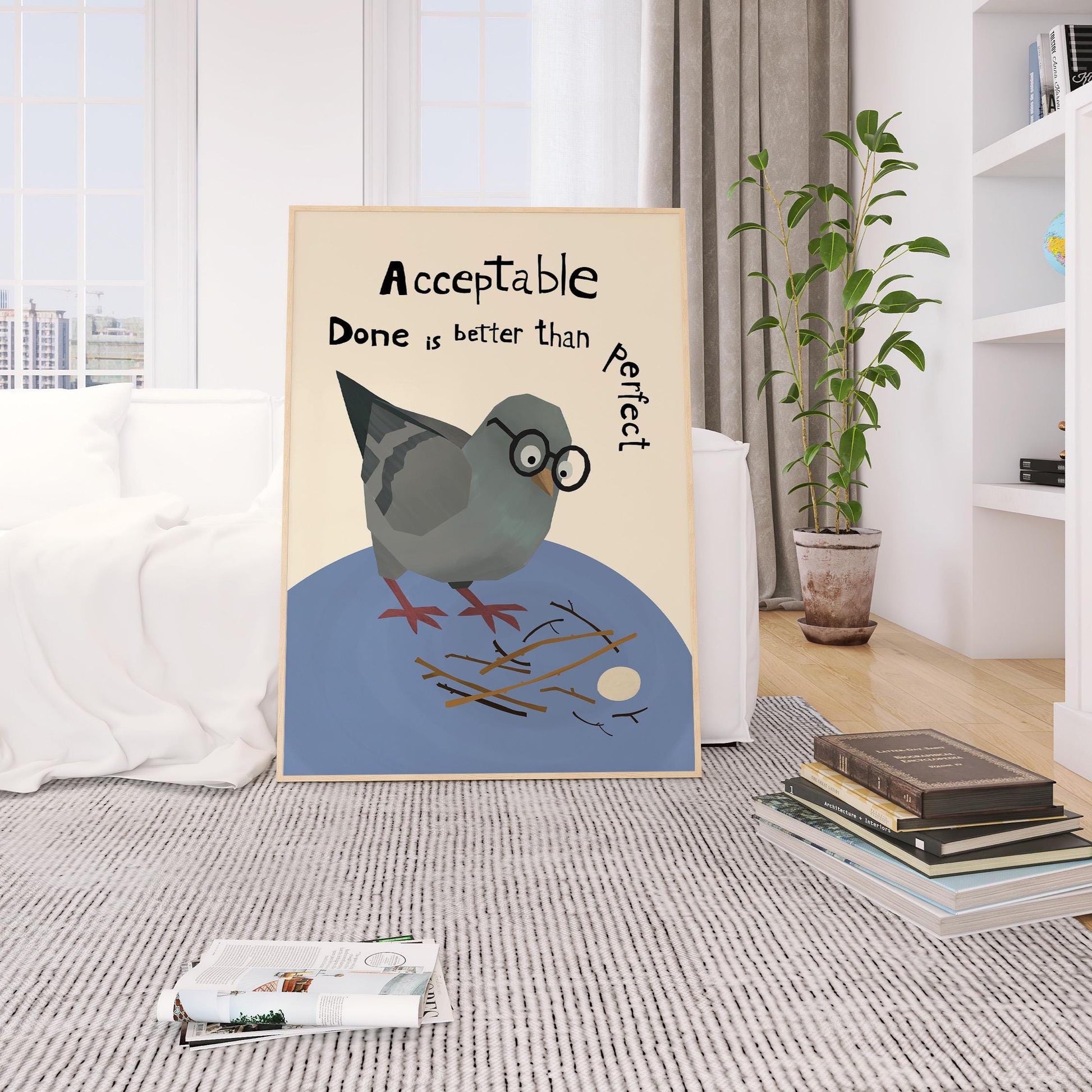 Motivational Poster – Acceptable Nest – Done Is Better Than Perfect – Funny Pigeon Quote Art, Office Wall Decor MR40