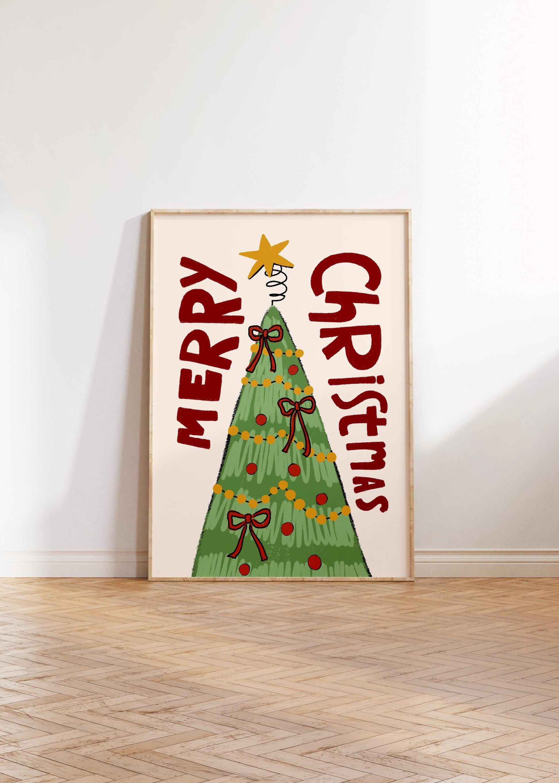 Merry Christmas Wall Art Print • Hand Drawn Christmas Tree Poster • Whimsical Holiday Decor MR55