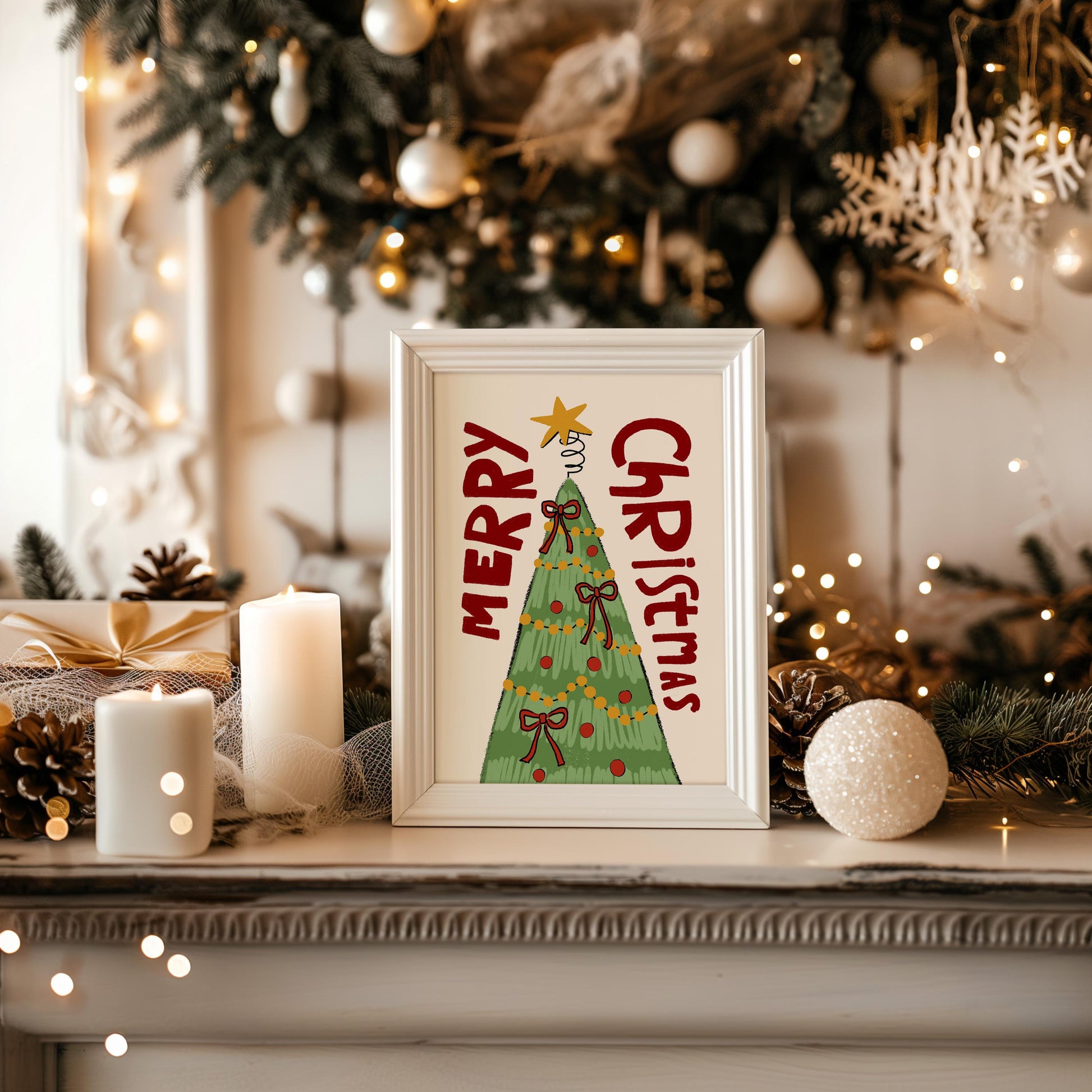 Merry Christmas Wall Art Print • Hand Drawn Christmas Tree Poster • Whimsical Holiday Decor MR55