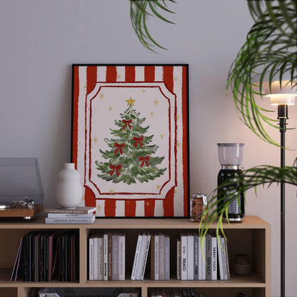 Christmas Tree Poster, Hand-Drawn Holiday Wall Art, Red Bow Christmas Print, Whimsical Girly Coquette Xmas Decor, Unframed MR52