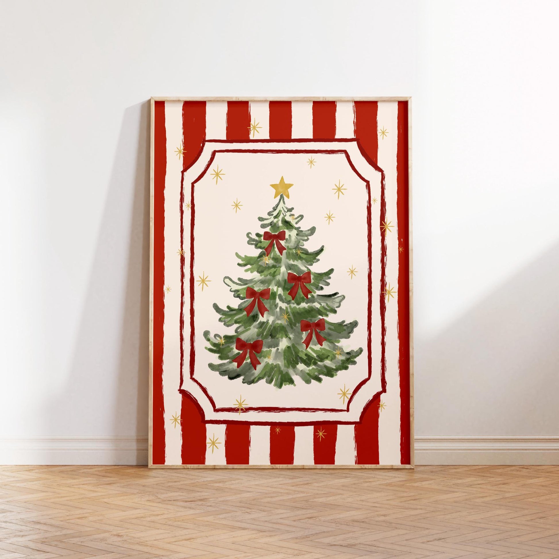Christmas Tree Poster, Hand-Drawn Holiday Wall Art, Red Bow Christmas Print, Whimsical Girly Coquette Xmas Decor, Unframed MR52
