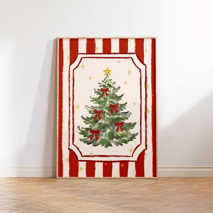 Christmas Tree Poster, Hand-Drawn Holiday Wall Art, Red Bow Christmas Print, Whimsical Girly Coquette Xmas Decor, Unframed MR52
