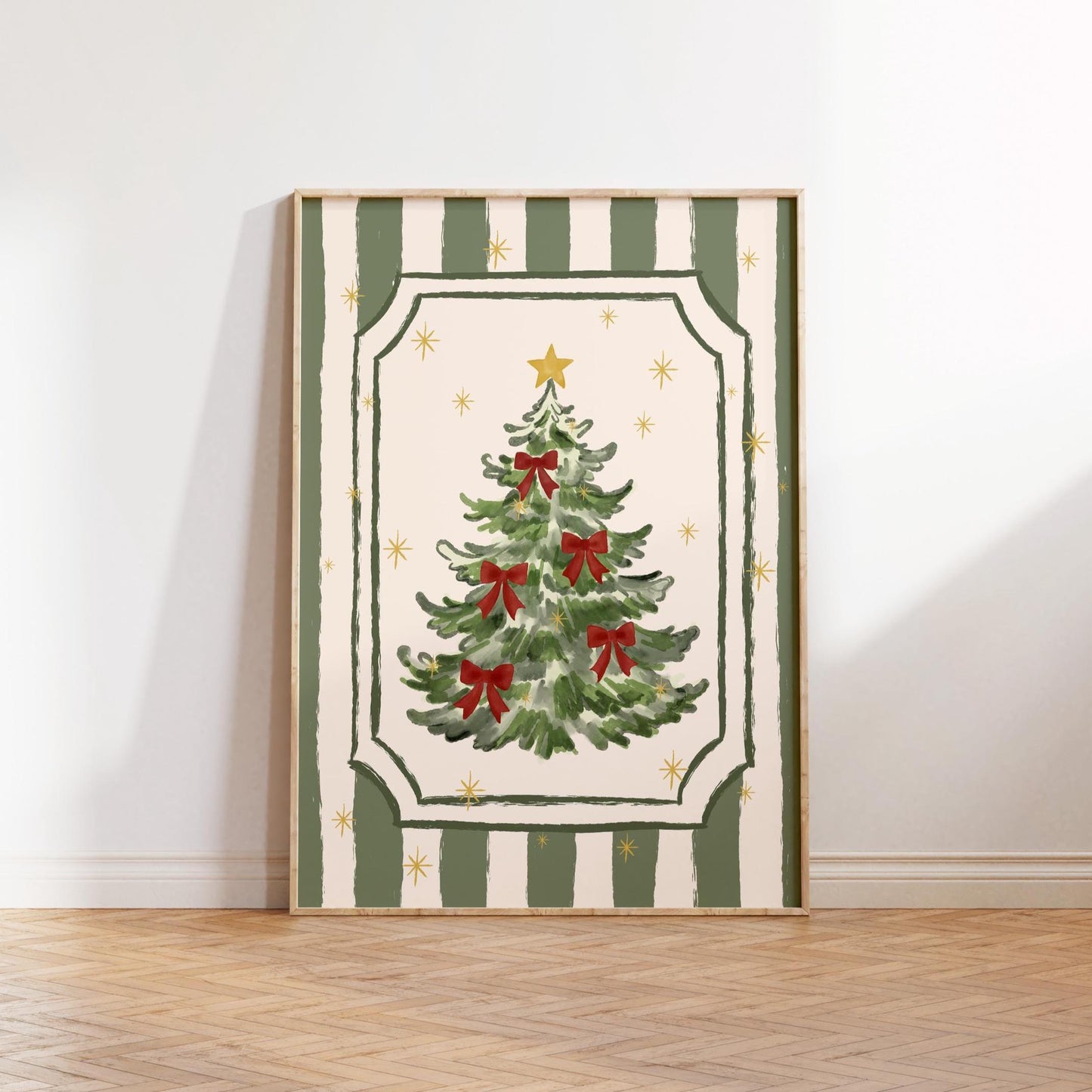 Christmas Tree Poster, Hand-Drawn Holiday Wall Art, Red Bow Christmas Print, Whimsical Girly Coquette Xmas Decor, Unframed MR52