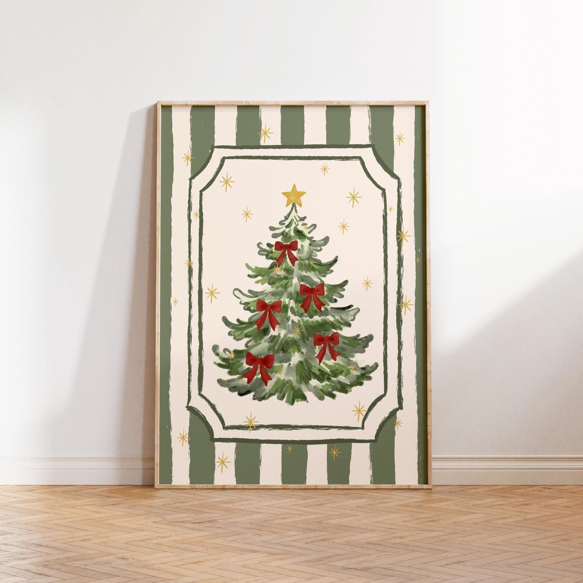 Christmas Tree Poster, Hand-Drawn Holiday Wall Art, Red Bow Christmas Print, Whimsical Girly Coquette Xmas Decor, Unframed MR52