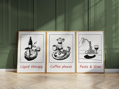 Kitchen Wall Art – Set of 3 Pasta Wine Coffee Prints, Minimalist Black and White Food Posters for Modern Cafe or Dining Room Decor D139