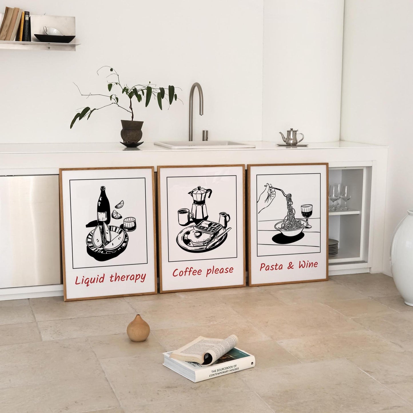 Kitchen Wall Art – Set of 3 Pasta Wine Coffee Prints, Minimalist Black and White Food Posters for Modern Cafe or Dining Room Decor D139