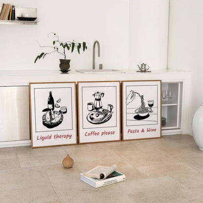Kitchen Wall Art – Set of 3 Pasta Wine Coffee Prints, Minimalist Black and White Food Posters for Modern Cafe or Dining Room Decor D139