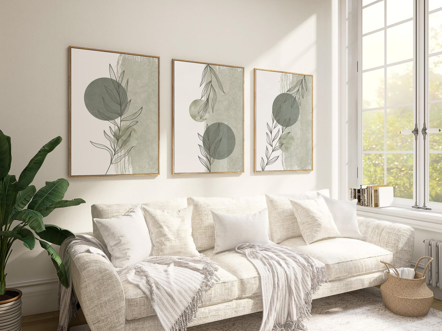 Green Botanical Print Set of 3, Abstract Leaf Poster Trio, Minimal Modern Green Wall Art B216
