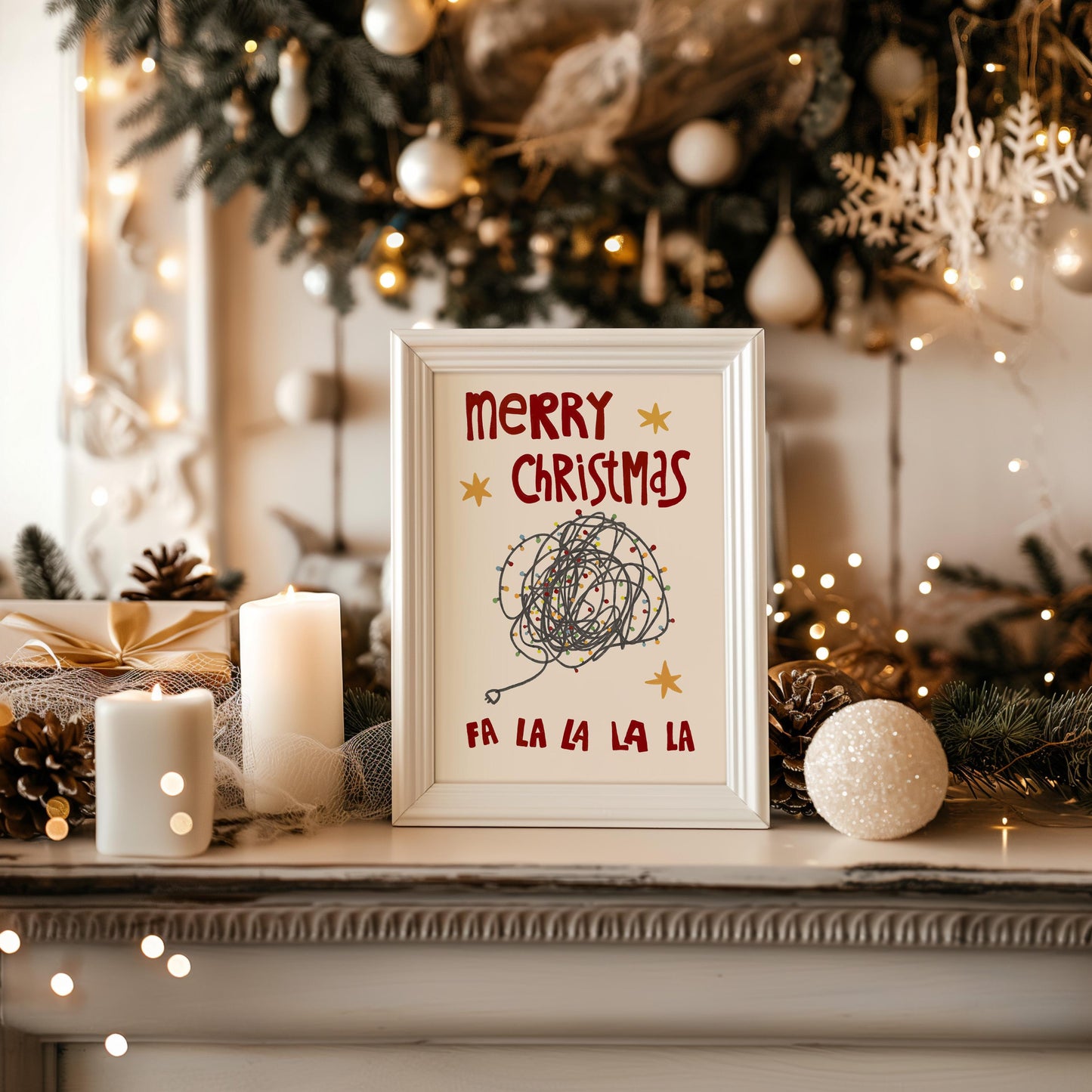Merry Christmas Print • Hand Drawn Poster • Funny Christmas Lights Wall Art • Christmas Decor Gift MR53