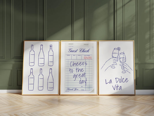 Minimalist Wine Bar Art Prints, La Dolce Vita, Cheers Poster Set (D143)