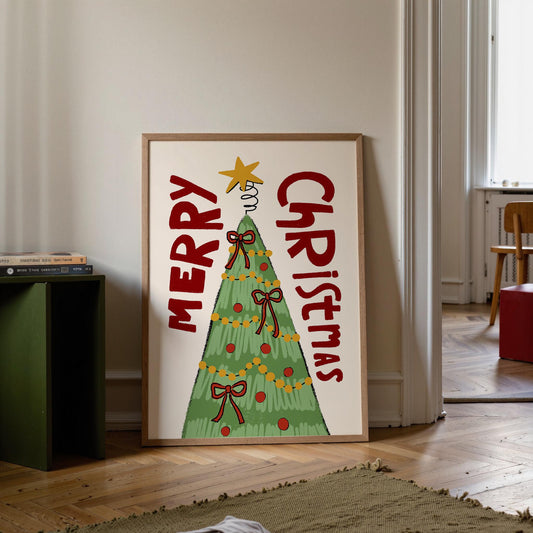 Merry Christmas Wall Art Print • Hand Drawn Christmas Tree Poster • Whimsical Holiday Decor MR55