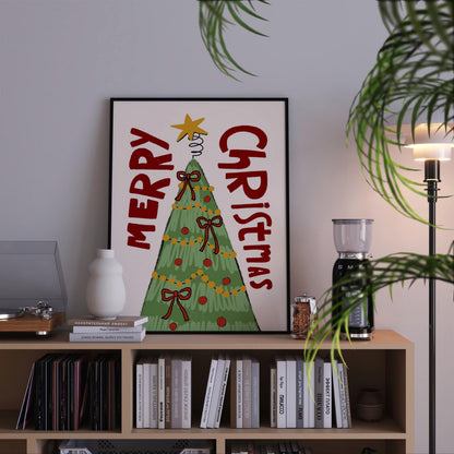 Merry Christmas Wall Art Print • Hand Drawn Christmas Tree Poster • Whimsical Holiday Decor MR55