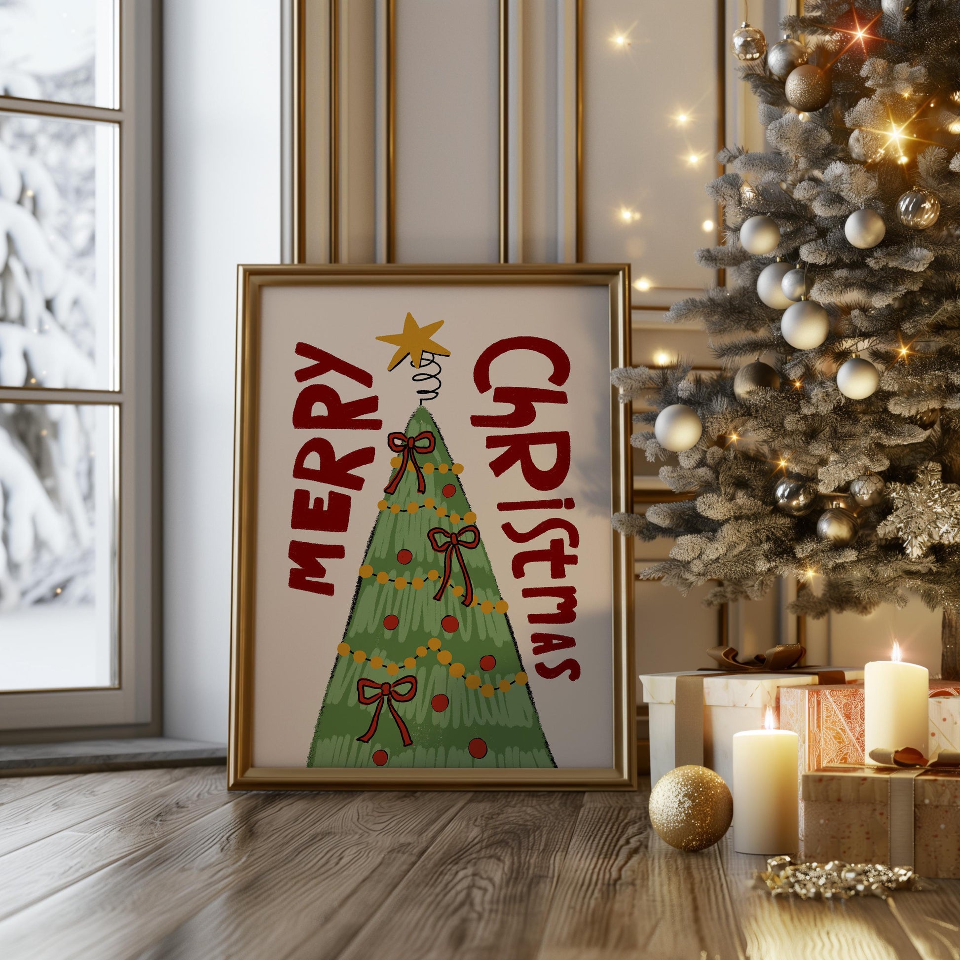 Merry Christmas Wall Art Print • Hand Drawn Christmas Tree Poster • Whimsical Holiday Decor MR55