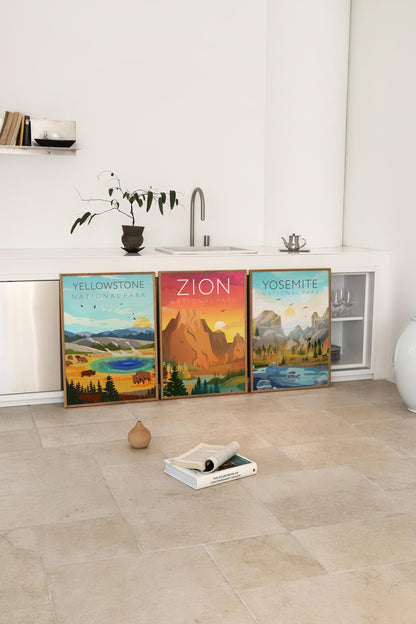 National Parks Wall Art Set of 6. Vintage Travel Poster Prints – Yosemite Zion Grand Canyon Yellowstone Rocky Mountains Smoky NP019