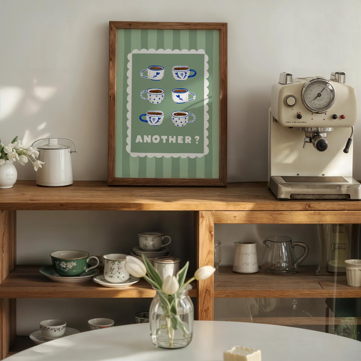 Espresso Cup Coffee Giclee Print, Coffee Wall Art, Retro Kitchen Decor, Sage Green MR63