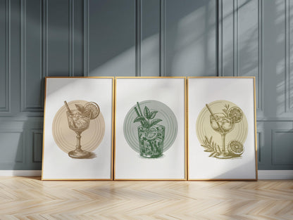 Vintage Cocktail Prints Set, Bar Wall Art, Mojito Gin Tonic D141