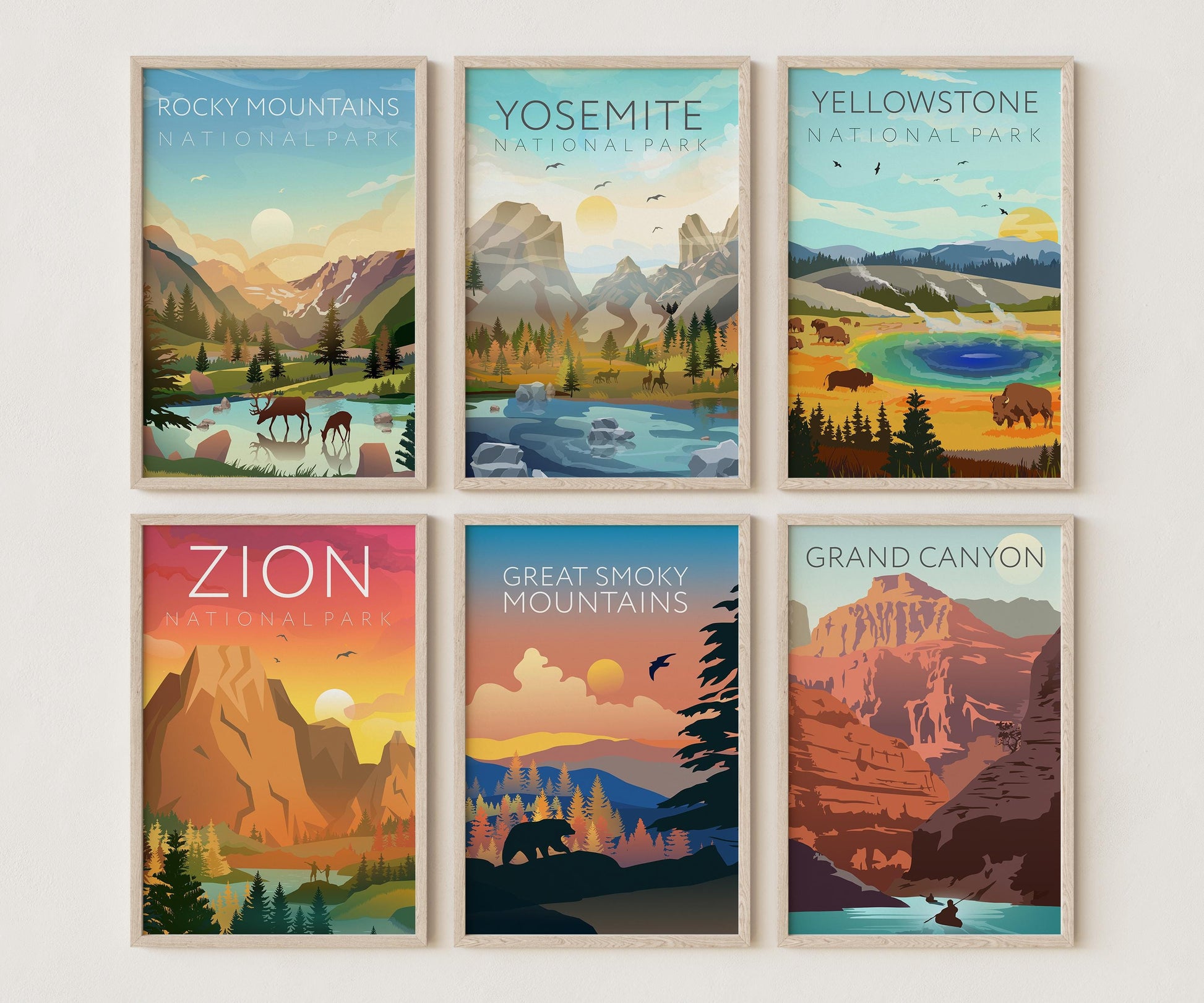 National Parks Wall Art Set of 6. Vintage Travel Poster Prints – Yosemite Zion Grand Canyon Yellowstone Rocky Mountains Smoky NP019