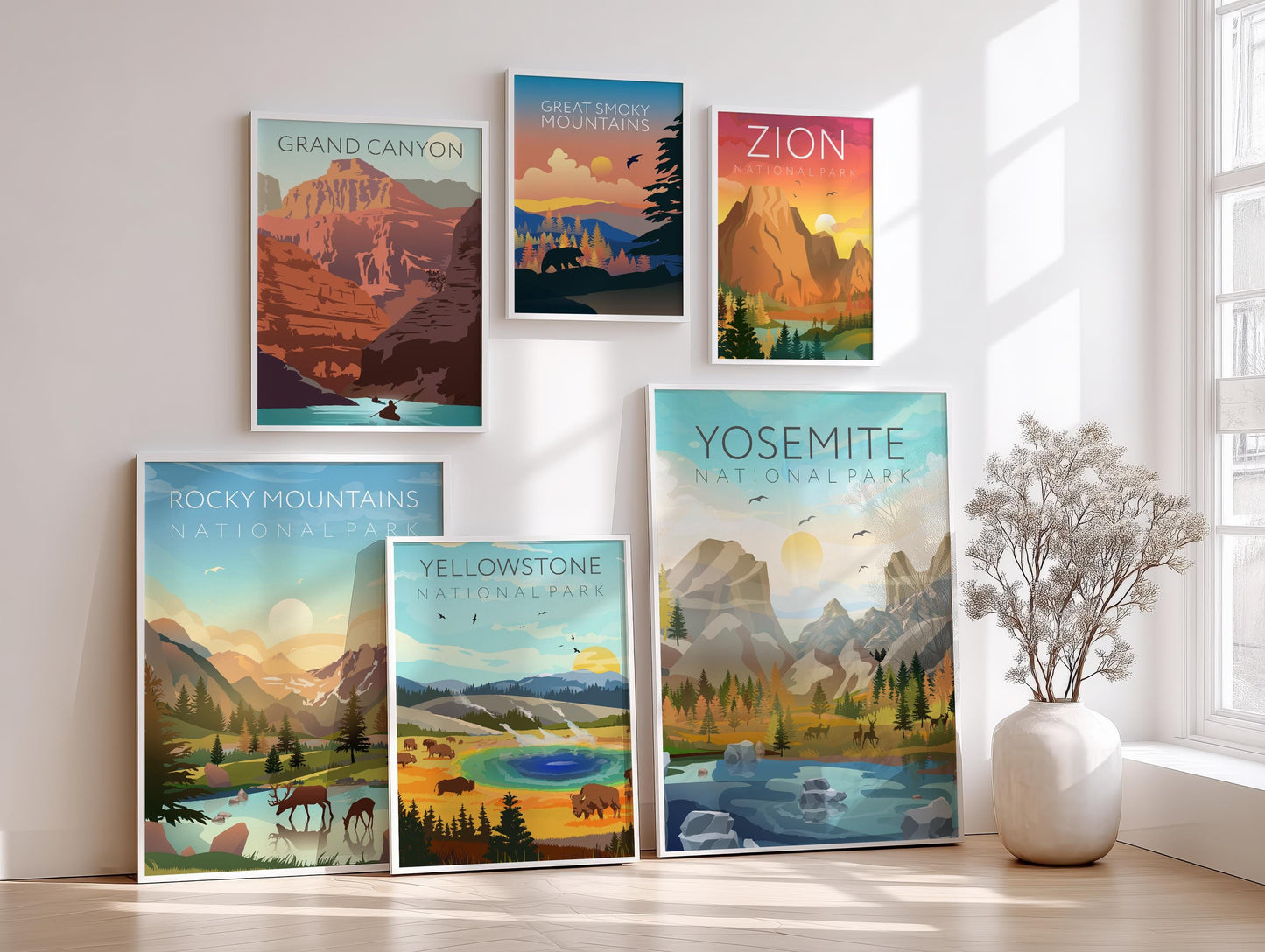 National Parks Wall Art Set of 6. Vintage Travel Poster Prints – Yosemite Zion Grand Canyon Yellowstone Rocky Mountains Smoky NP019