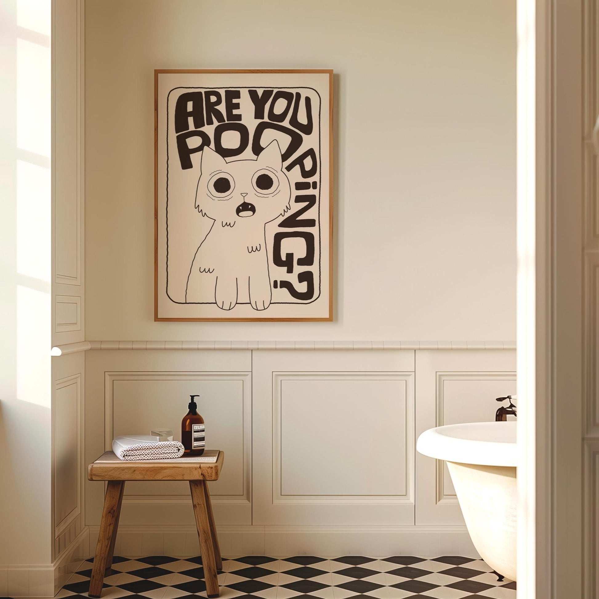 Bathroom Wall Art Print, Toilet Poster “Are You Pooping?” Cat Quirky Restroom Decor MR64