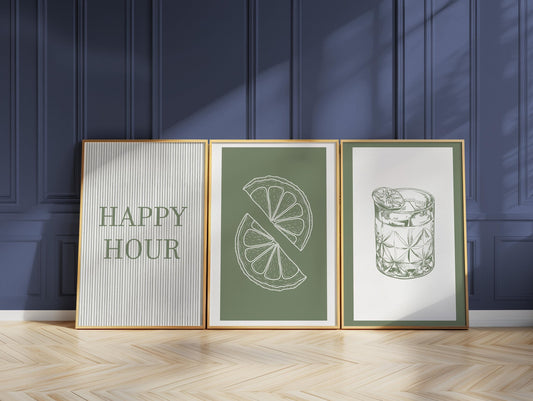 Green Kitchen Print Set, Cocktail Glass, Lime Slice, Bar Decor D147