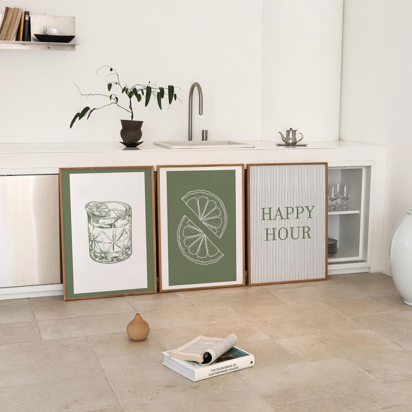 Green Kitchen Print Set, Cocktail Glass, Lime Slice, Bar Decor D147