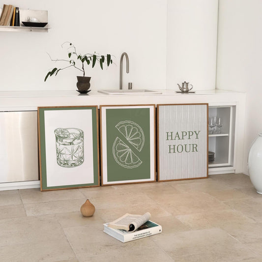 Green Kitchen Print Set, Cocktail Glass, Lime Slice, Bar Decor D147