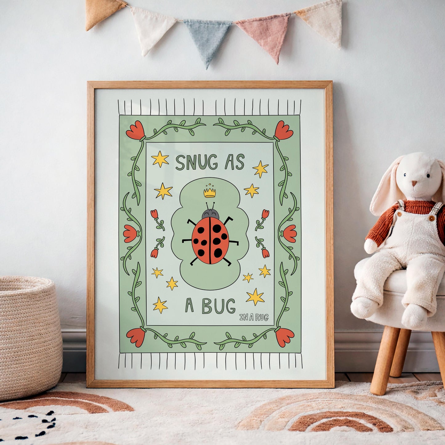 Snug as a Bug in A Rug Poster, Ladybug Nursery Print: Hand-Drawn Whimsical Kids Wall Art MR23