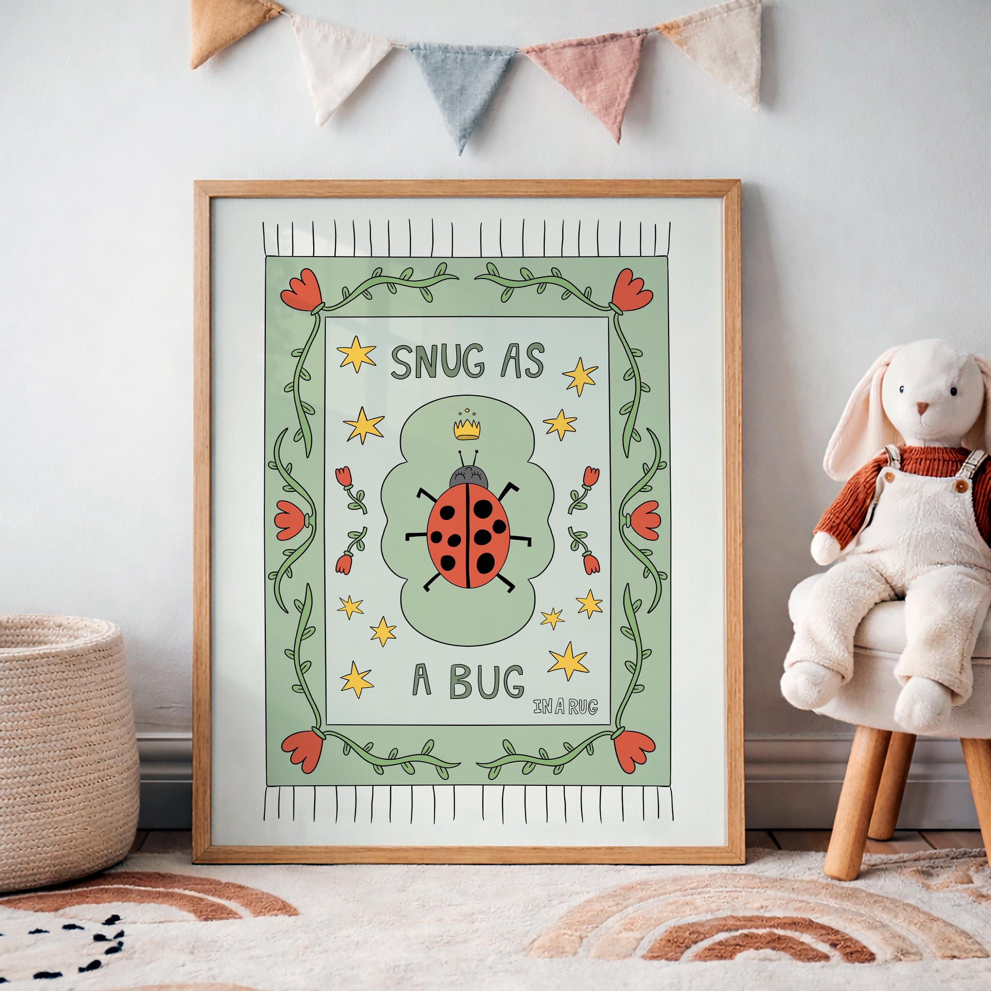 Snug as a Bug in A Rug Poster, Ladybug Nursery Print: Hand-Drawn Whimsical Kids Wall Art MR23