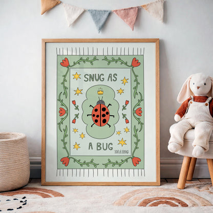 Snug as a Bug in A Rug Poster, Ladybug Nursery Print: Hand-Drawn Whimsical Kids Wall Art MR23