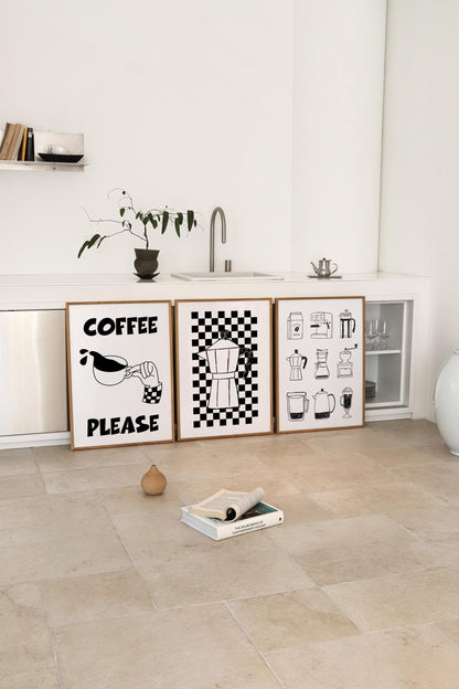 Black and White Coffee Art Print Set – Espresso & Moka Pot D134