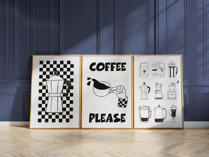 Black and White Coffee Art Print Set – Espresso & Moka Pot D134