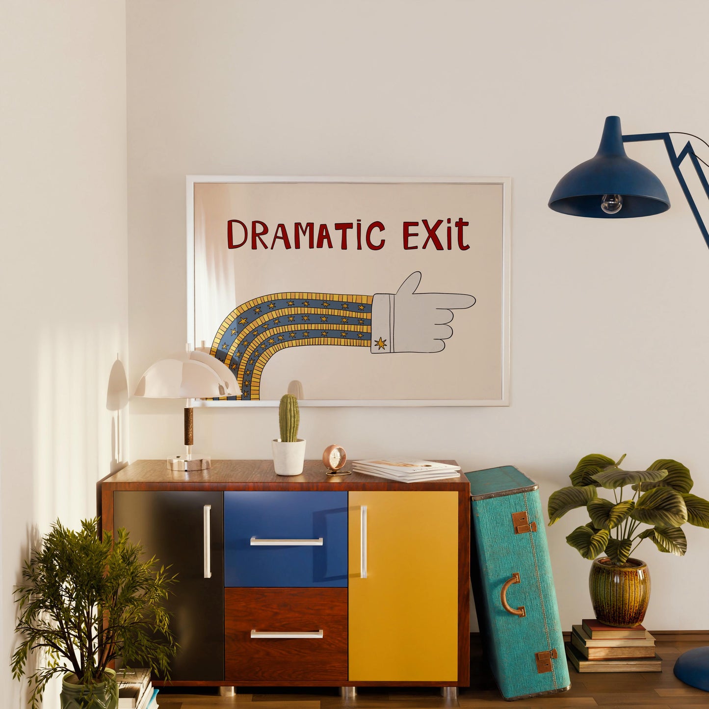 Dramatic Exit Print, Quirky Retro Doodle Poster, Right-Pointing Hand Wall Art for Hallway or Office, Unframed MR46