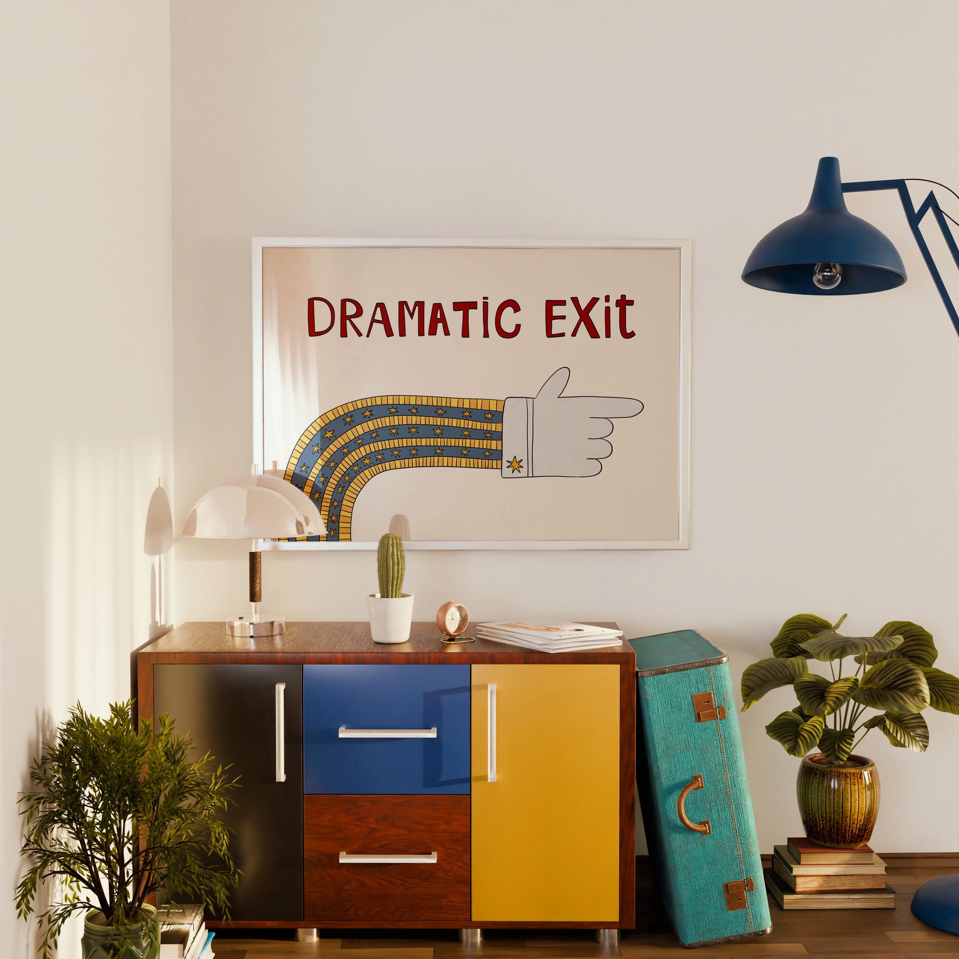 Dramatic Exit Print, Quirky Retro Doodle Poster, Right-Pointing Hand Wall Art for Hallway or Office, Unframed MR46
