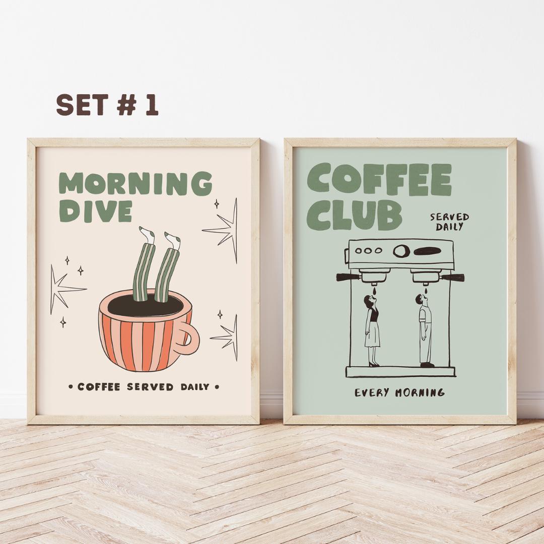 Coffee Bar Decor Set of 2 Posters, Espresso Print, Retro Kitchen Art, Coffee-Lover Gift
