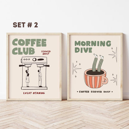 Coffee Bar Decor Set of 2 Posters, Espresso Print, Retro Kitchen Art, Coffee-Lover Gift