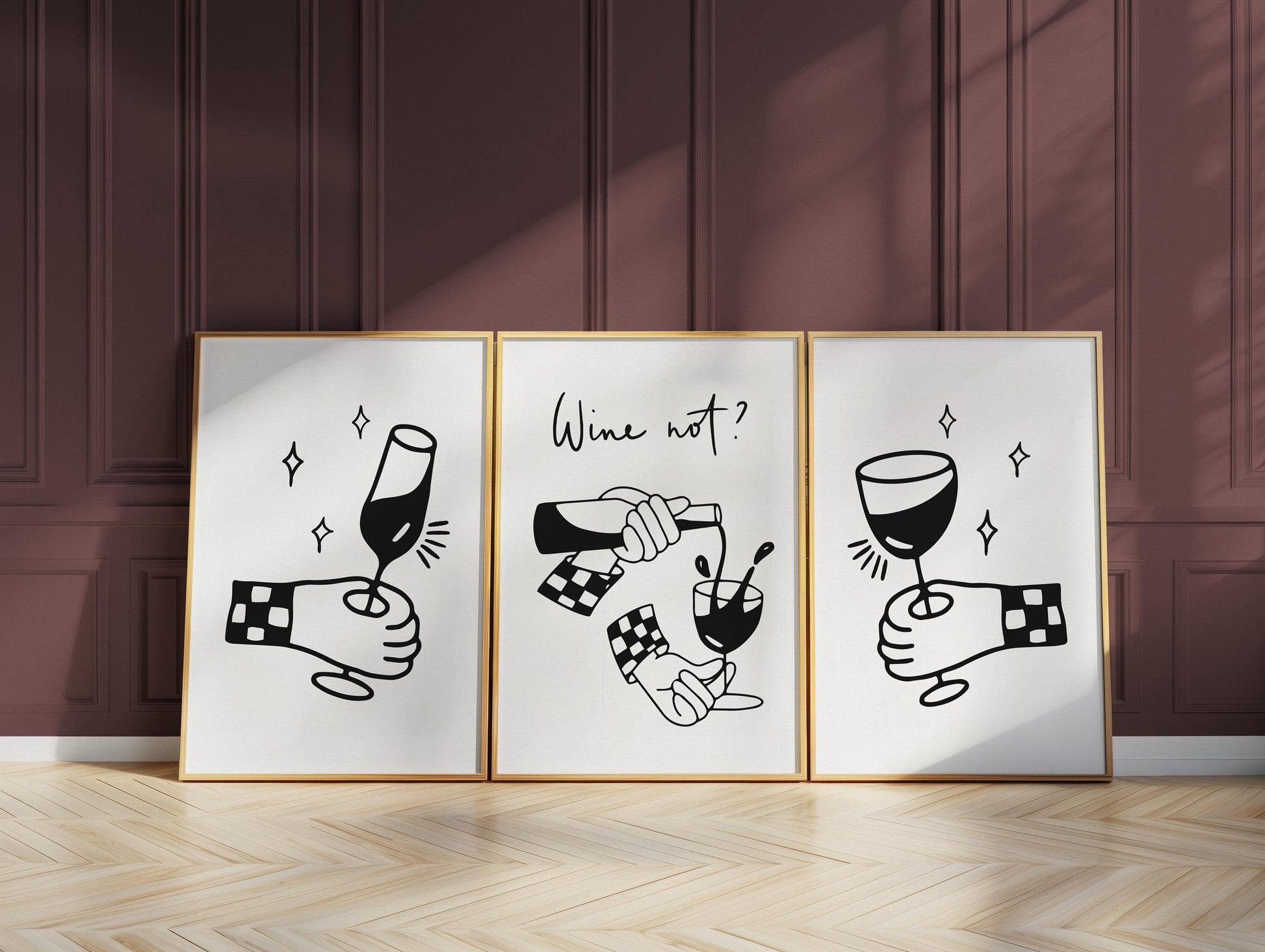 Wine Not Print Set, Trendy Bar Art, Modern Kitchen Decor D125