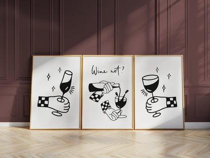 Wine Not Print Set, Trendy Bar Art, Modern Kitchen Decor D125