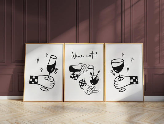 Wine Not Print Set, Trendy Bar Art, Modern Kitchen Decor D125