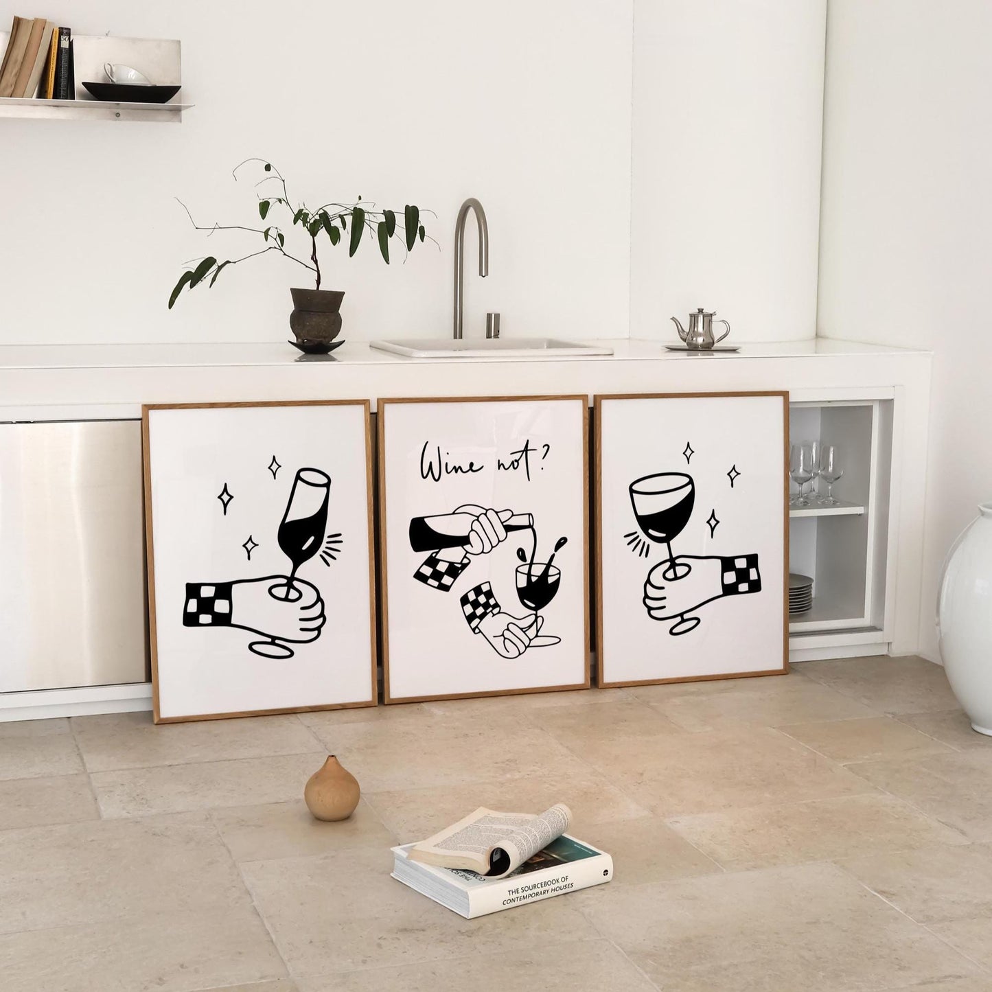 Wine Not Print Set, Trendy Bar Art, Modern Kitchen Decor D125
