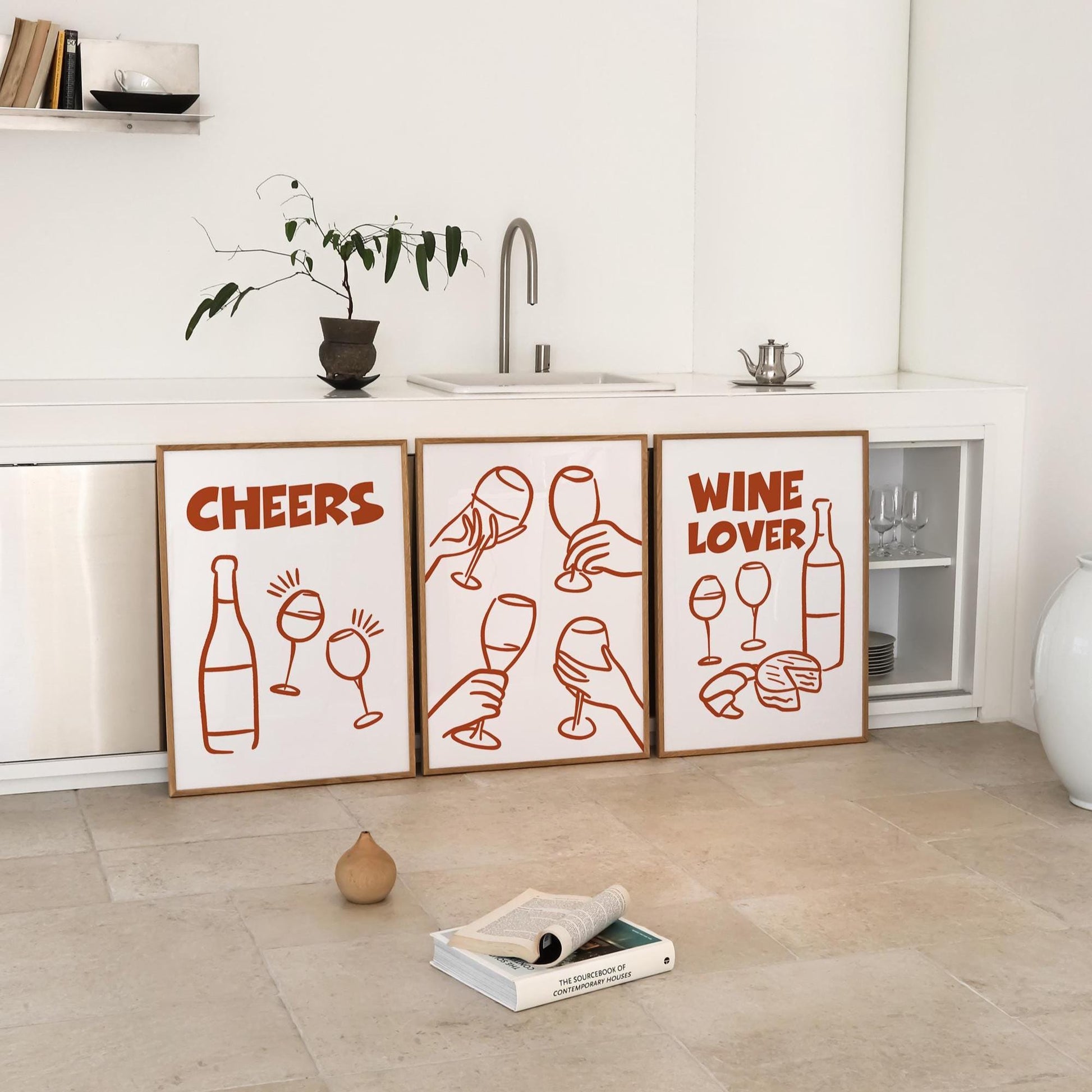 Wine Lover Line Art Print Set, Minimalist Kitchen Bar Decor D128