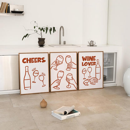 Wine Lover Line Art Print Set, Minimalist Kitchen Bar Decor D128