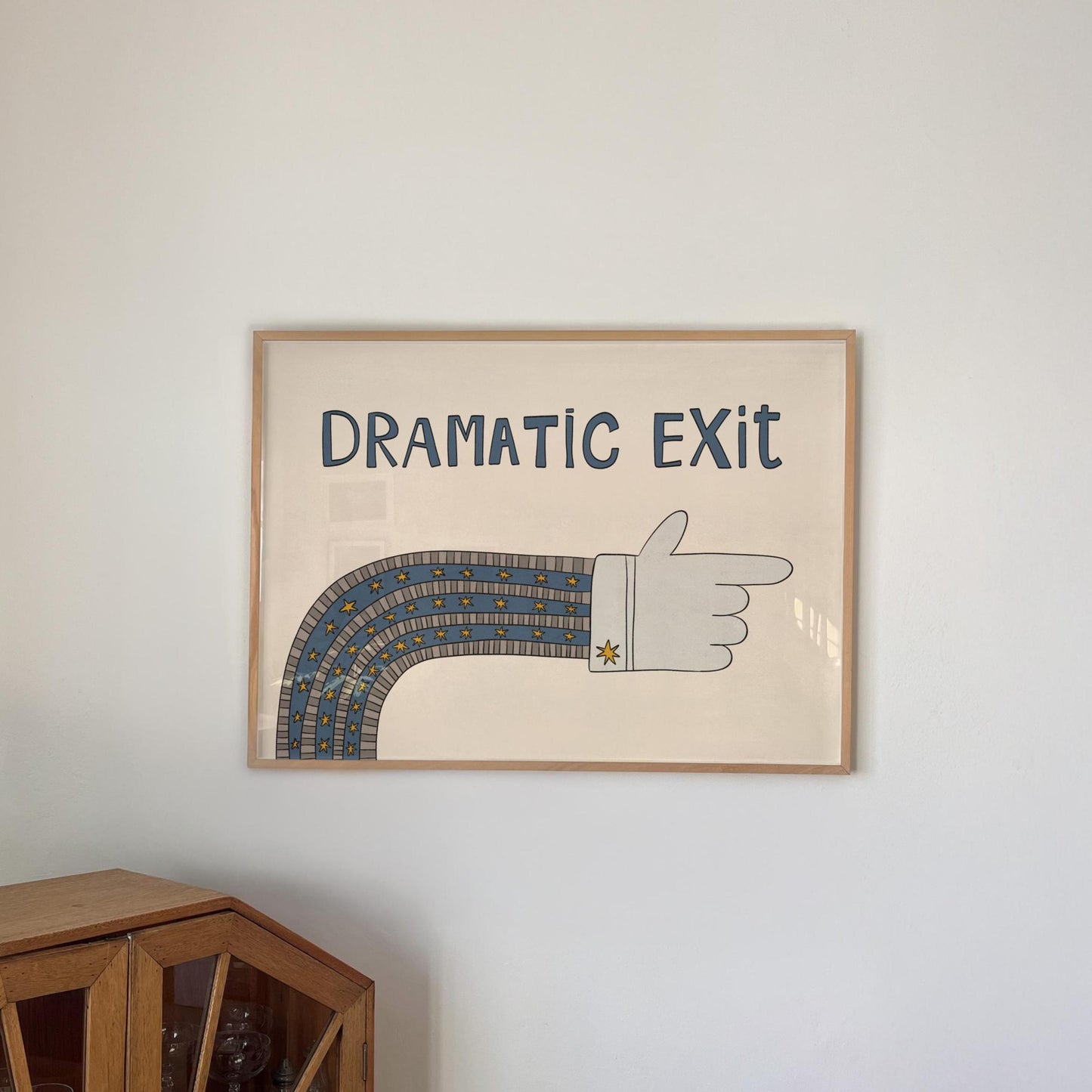 Dramatic Exit Print, Quirky Retro Doodle Poster, Right-Pointing Hand Wall Art for Hallway or Office, Unframed MR46