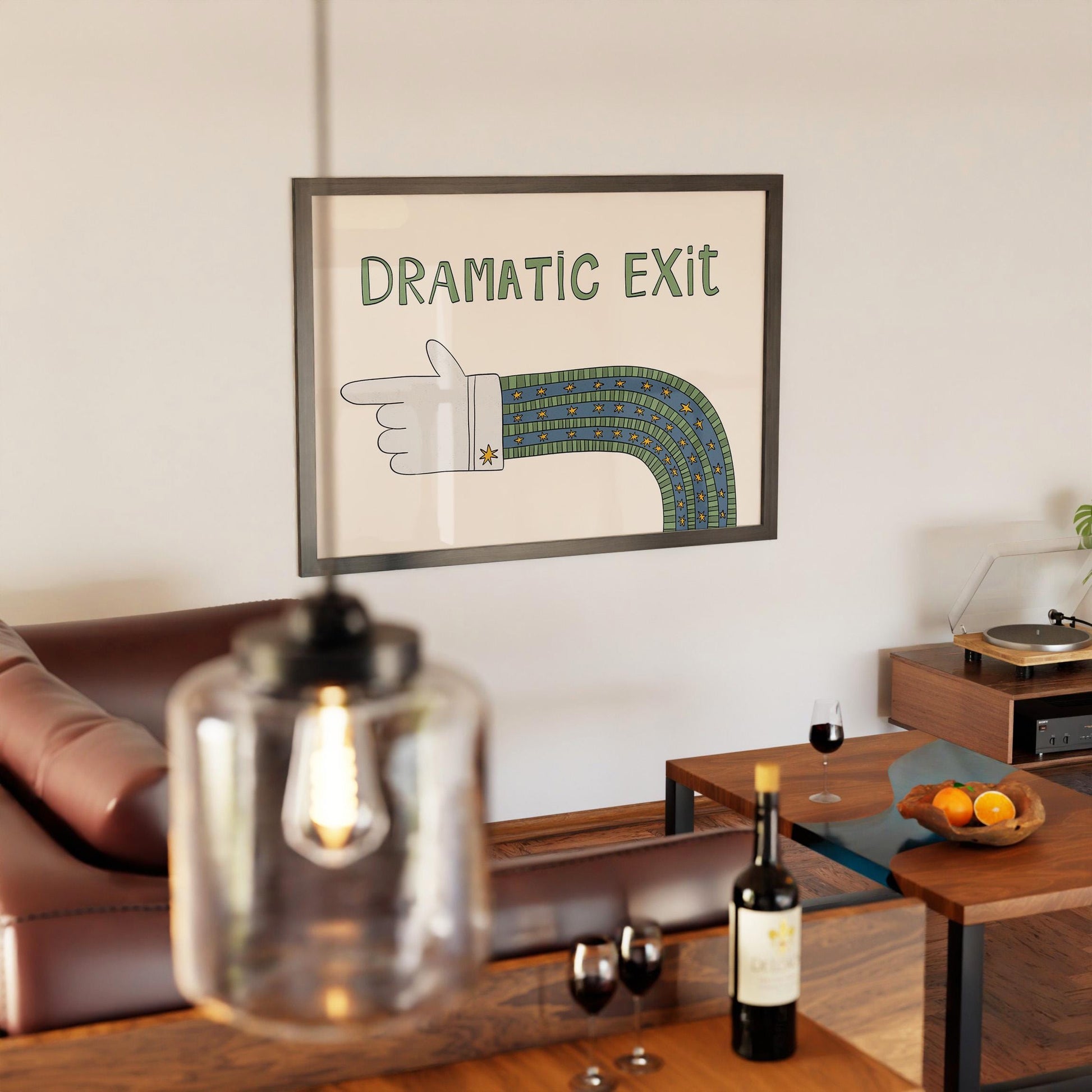 Dramatic Exit Print, Whimsical Retro Doodle Poster, Left-Pointing Hand Wall Art for Entryway or Living Room, Unframed MR47