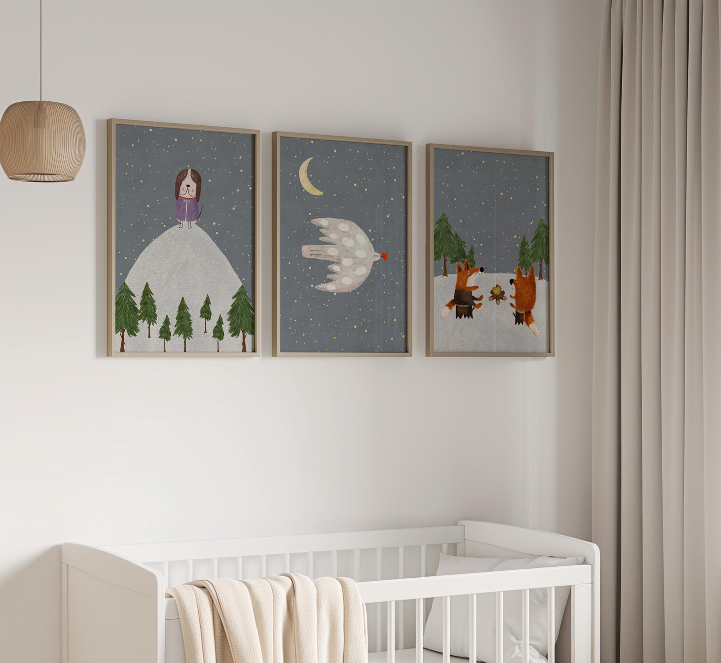 Woodland Nursery Prints, Forest Animals, Starry Night Decor (Set of 3) N198