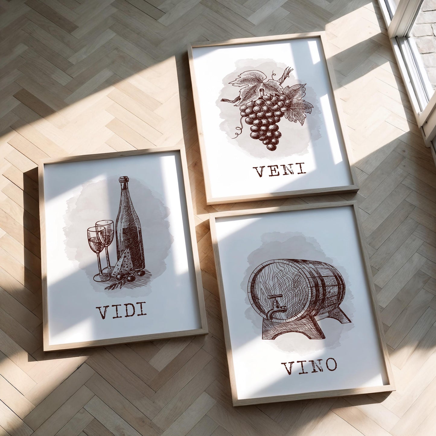 Veni Vidi Vino Wine Prints Set, Home Bar Art D124