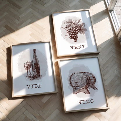Veni Vidi Vino Wine Prints Set, Home Bar Art D124