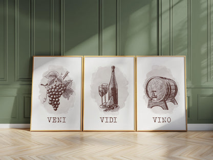 Veni Vidi Vino Wine Prints Set, Home Bar Art D124